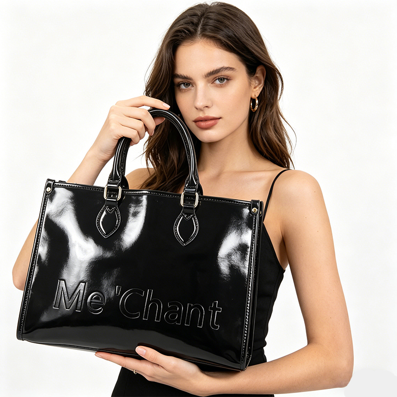 Women Black Glossy Patent PU L - Structured Handbag Top Handle ulasan dan harga