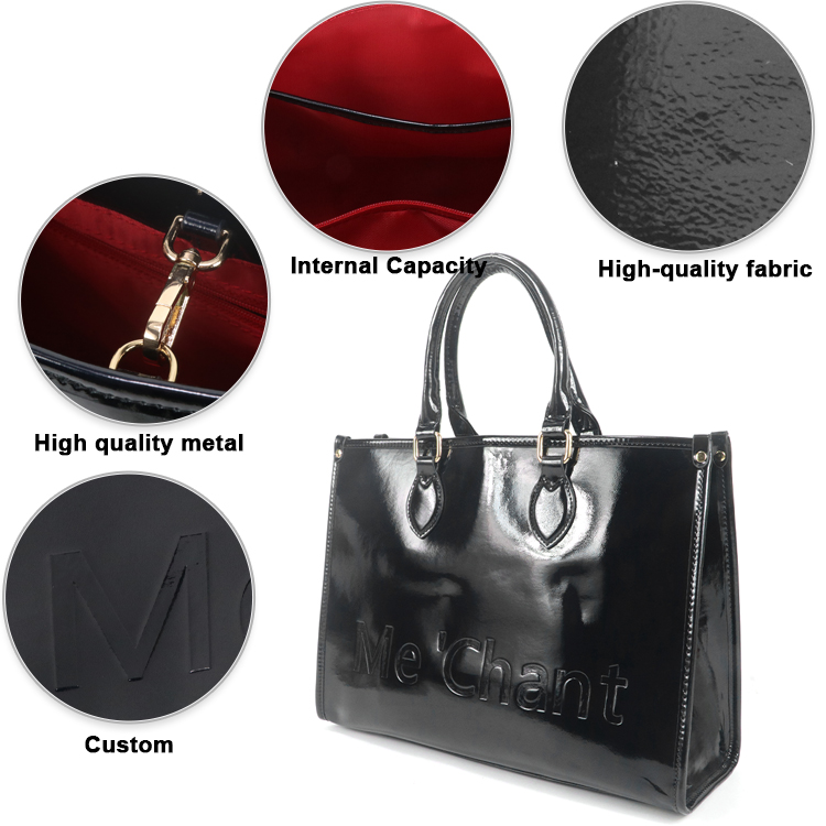 Women Black Glossy Patent PU L - Structured Handbag Top Handle ulasan dan harga